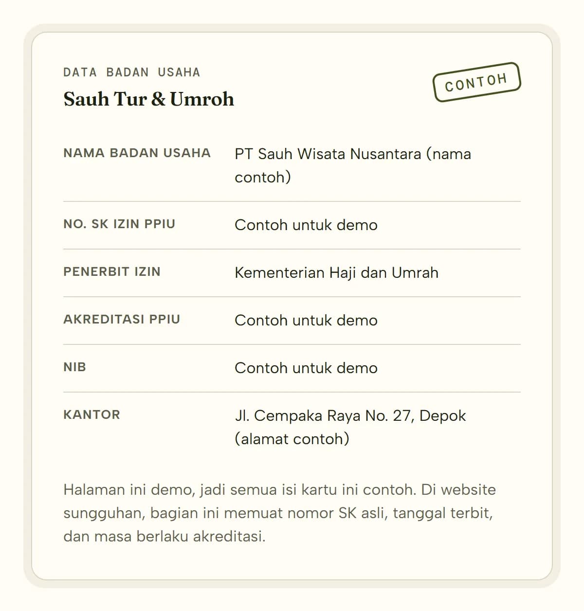 Kartu Data badan usaha berstempel CONTOH pada demo Sauh Tur & Umroh: baris nama badan usaha PT Sauh Wisata Nusantara (nama contoh), nomor SK izin PPIU, penerbit izin Kementerian Haji dan Umrah, akreditasi PPIU, NIB, dan alamat kantor di Depok, dengan nomor yang ditulis Contoh untuk demo.