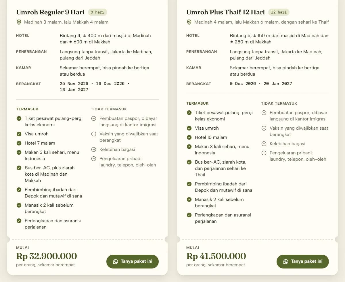 Dua kartu paket berbentuk tiket pada demo Sauh Tur & Umroh, Umroh Reguler 9 Hari dan Umroh Plus Thaif 12 Hari: baris hotel dengan jarak ke masjid dalam meter, penerbangan langsung, kamar, tanggal berangkat, daftar termasuk dan tidak termasuk, lalu harga mulai Rp 32.900.000 dan Rp 41.500.000 di sobekan tiket dengan tombol Tanya paket ini.