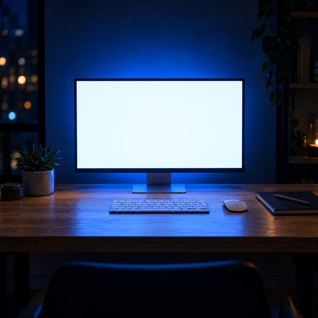 Meja kerja dengan monitor menyala di ruangan redup