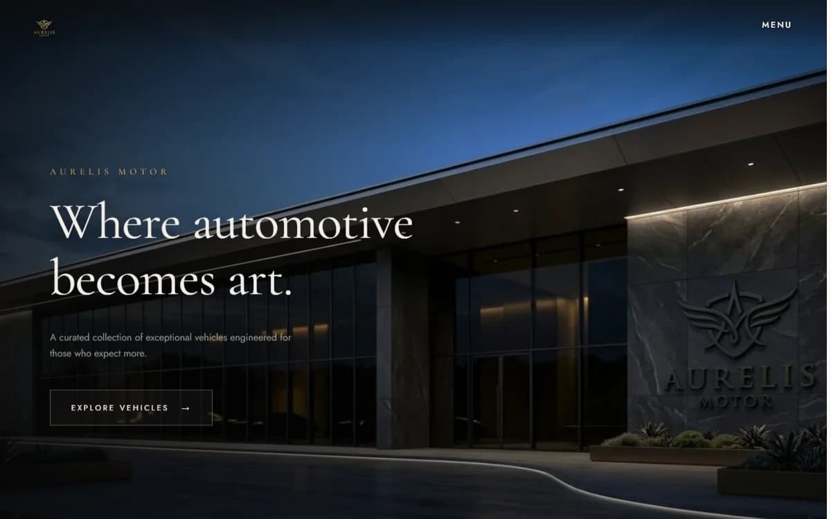 Hero demo website Aurelis Motor: gedung showroom berlampu di malam hari dengan judul Where automotive becomes art dan tombol Explore Vehicles.