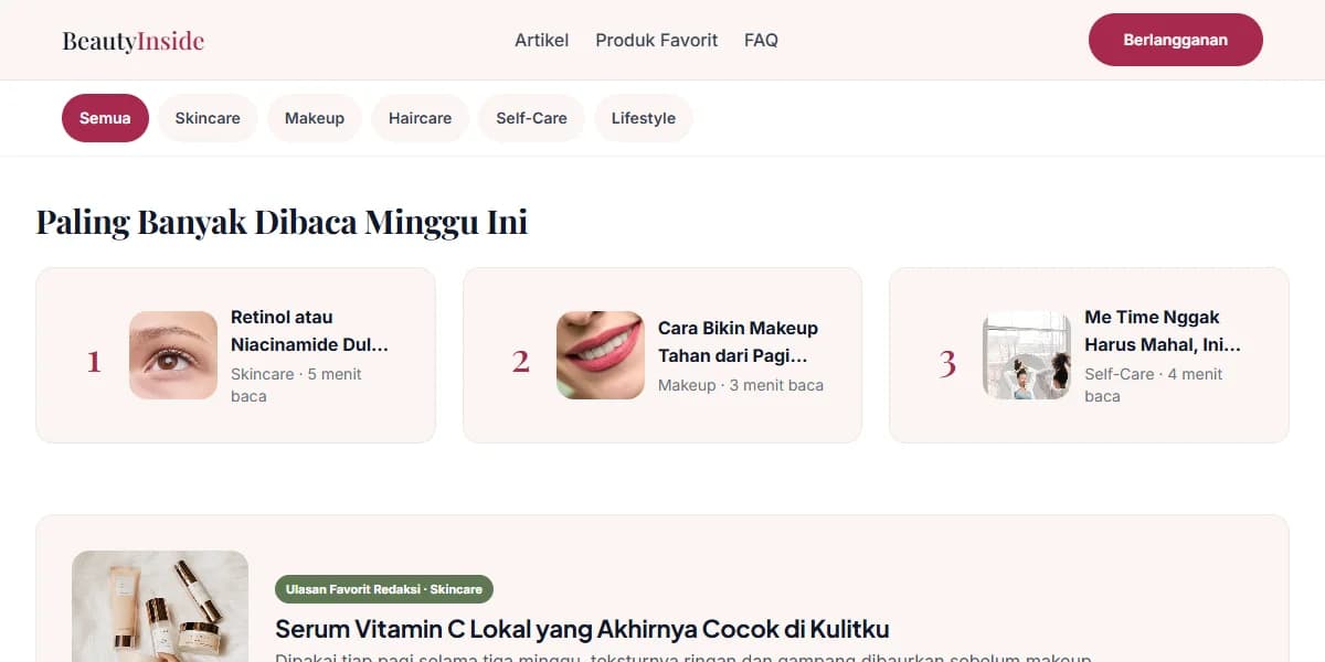 Demo blog Beauty Inside: tombol kategori skincare, makeup, haircare, self-care, dan lifestyle, tiga artikel paling banyak dibaca, dan satu ulasan serum pilihan redaksi.