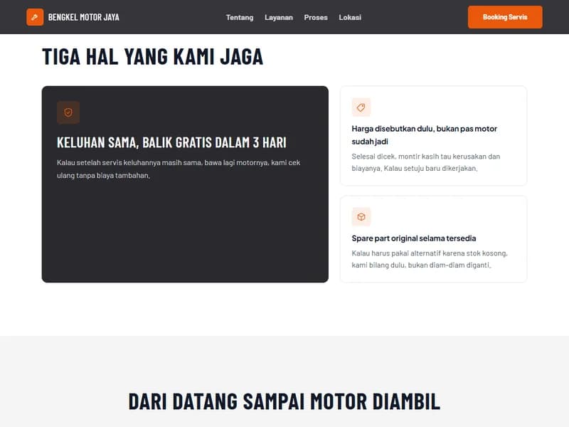 Bagian Tiga Hal yang Kami Jaga di demo website Bengkel Motor Jaya: kartu besar bertuliskan keluhan sama, balik gratis dalam 3 hari, di samping dua kartu soal harga yang disebutkan dulu dan spare part original selama tersedia.