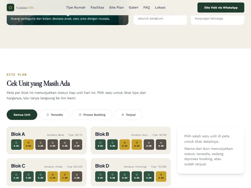 Bagian Site Plan di demo website Cendana Hills berjudul Cek Unit yang Masih Ada: tombol filter Semua Unit, Tersedia, Proses Booking, dan Terjual di atas kotak Blok A sampai D, dengan tiap unit diberi warna sesuai statusnya.