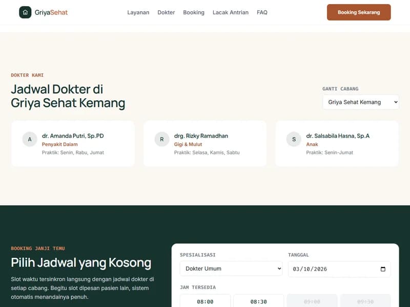 Demo website klinik Griya Sehat: jadwal praktik tiga dokter di satu cabang dengan pilihan ganti cabang, di atas formulir booking janji temu.
