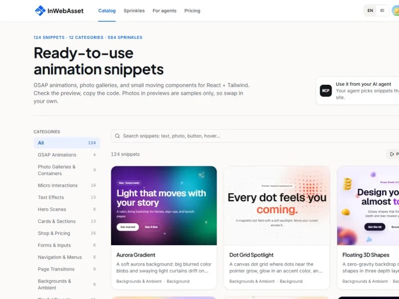 Tampilan katalog aset dan animasi web InWebAsset