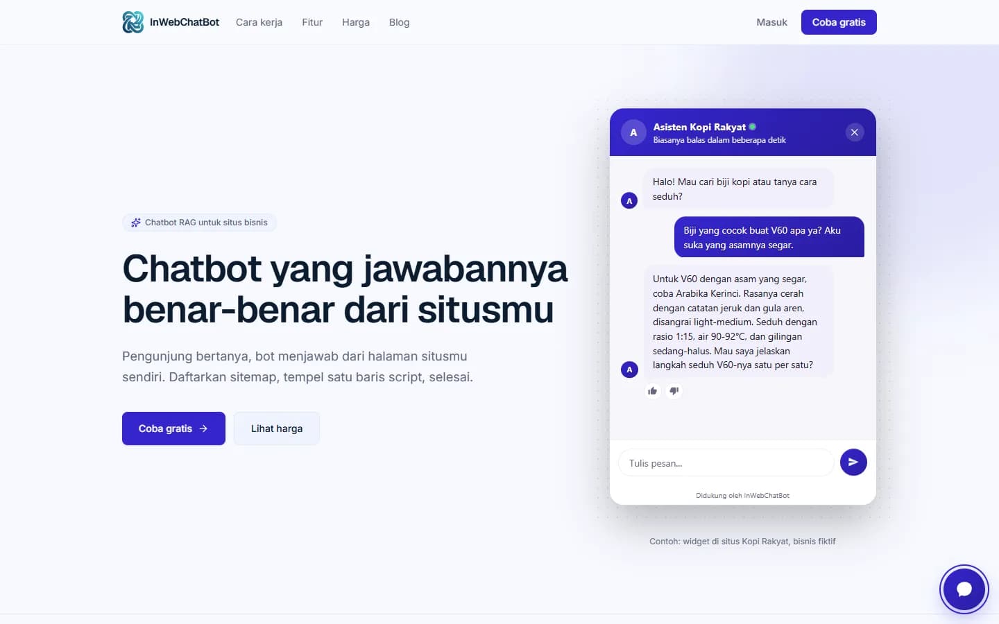 Tampilan produk InWebChatBot untuk chat AI di website