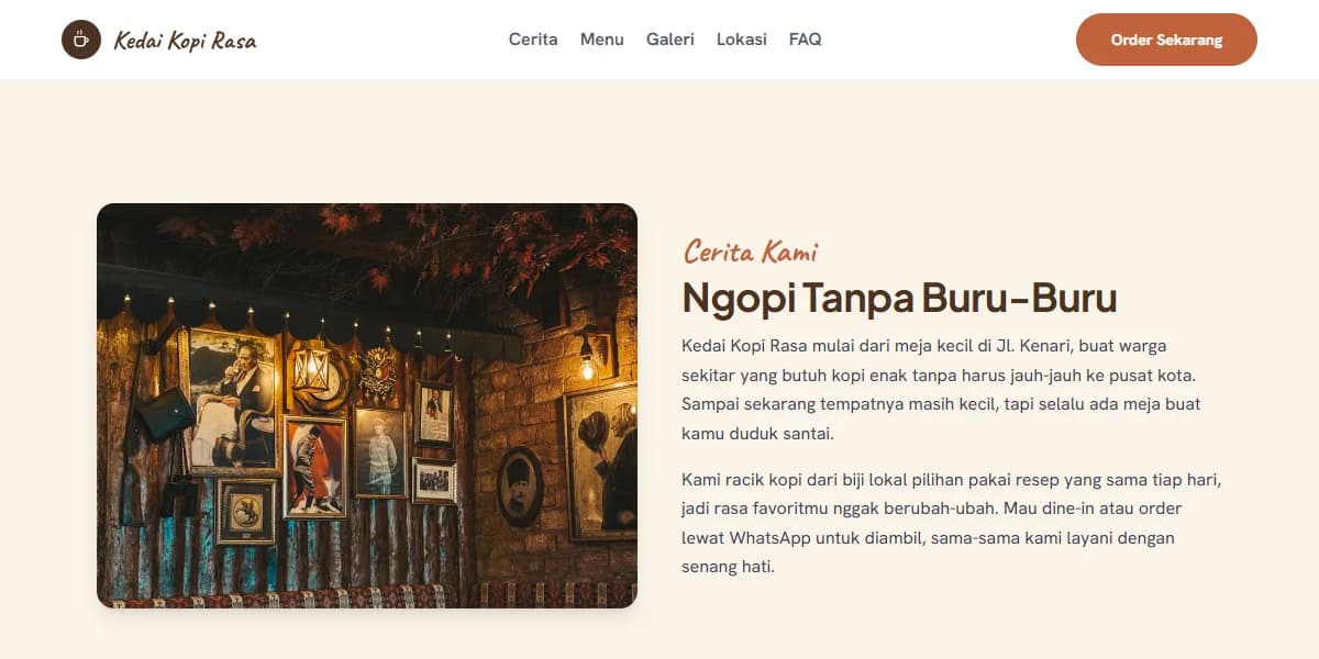 Tampilan demo website cafe dan kedai kopi: Kedai Kopi Rasa