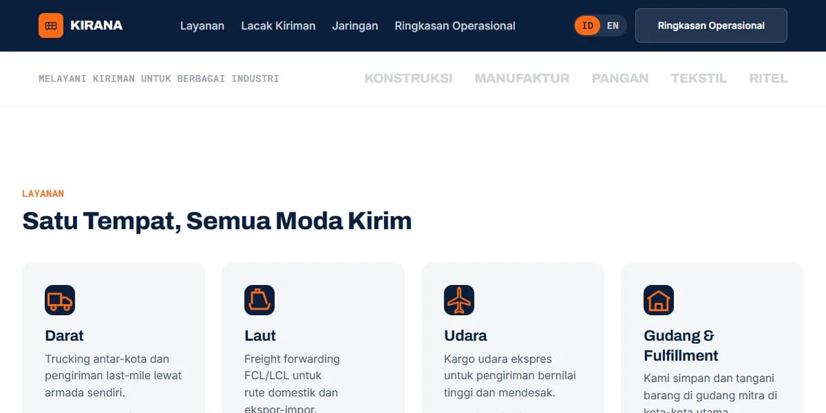 Tampilan demo website company profile: Kirana Logistics