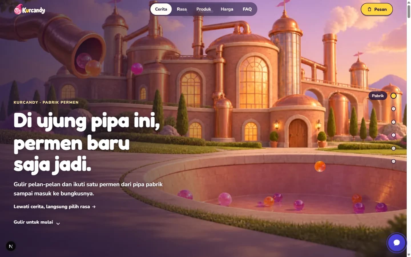 Hero demo website Kurcandy: ilustrasi pabrik permen bergaya dongeng dengan pipa tembaga dan kolam permen, judul Di ujung pipa ini, permen baru saja jadi.