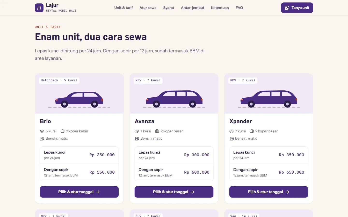 Bagian Unit & tarif pada demo Lajur Rental Bali, berjudul Enam unit, dua cara sewa: kartu Brio, Avanza, dan Xpander dengan siluet mobil ungu, jumlah kursi, kapasitas koper, jenis BBM, dan dua baris harga untuk sewa 24 jam lepas kunci serta sewa 12 jam dengan sopir termasuk BBM, lalu tombol Pilih & atur tanggal.