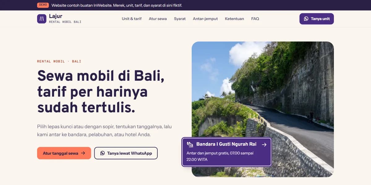 Tampilan demo website rental mobil: Lajur Rental Bali (fictional brand, demo build)