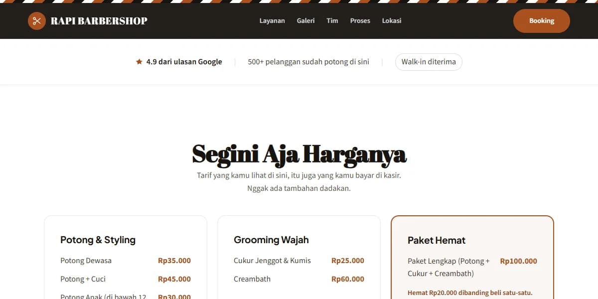 Tampilan demo website barbershop: Rapi Barbershop