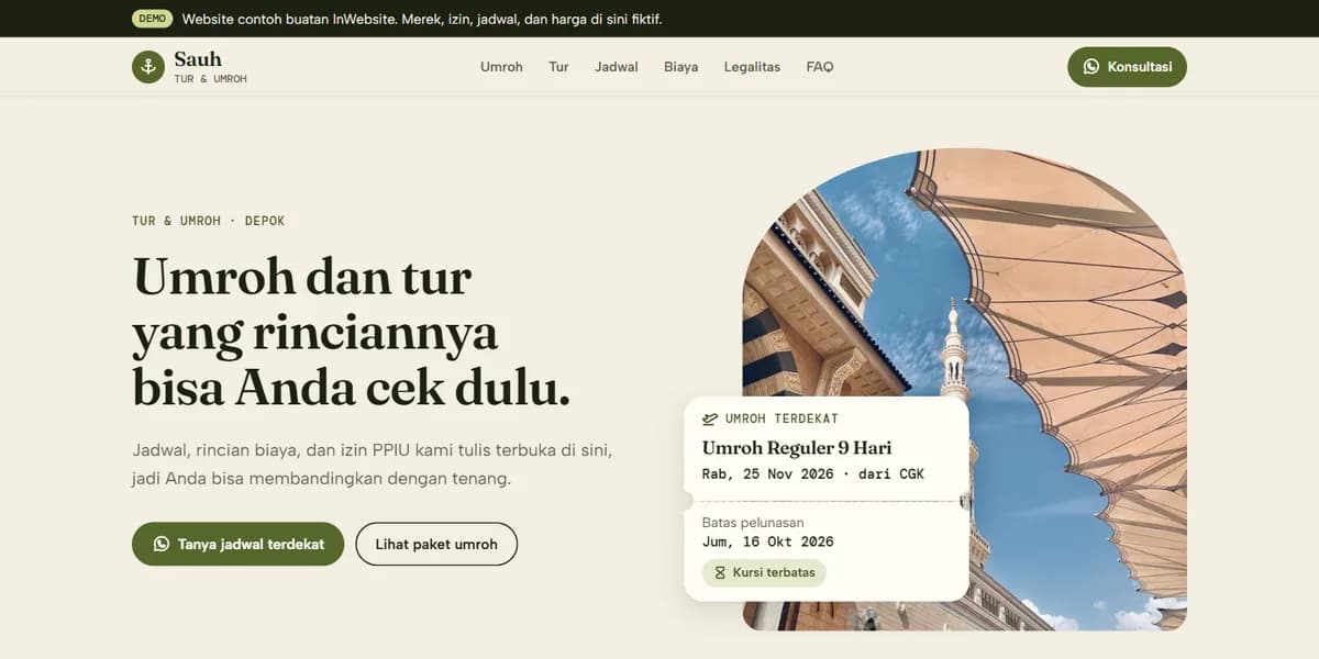 Tampilan demo website travel: Sauh Tur & Umroh (fictional brand, demo build)