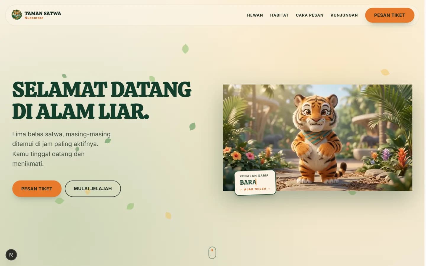 Hero demo website Taman Satwa Nusantara: judul Selamat datang di alam liar, tombol Pesan Tiket, dan ilustrasi maskot anak harimau di tengah taman tropis.