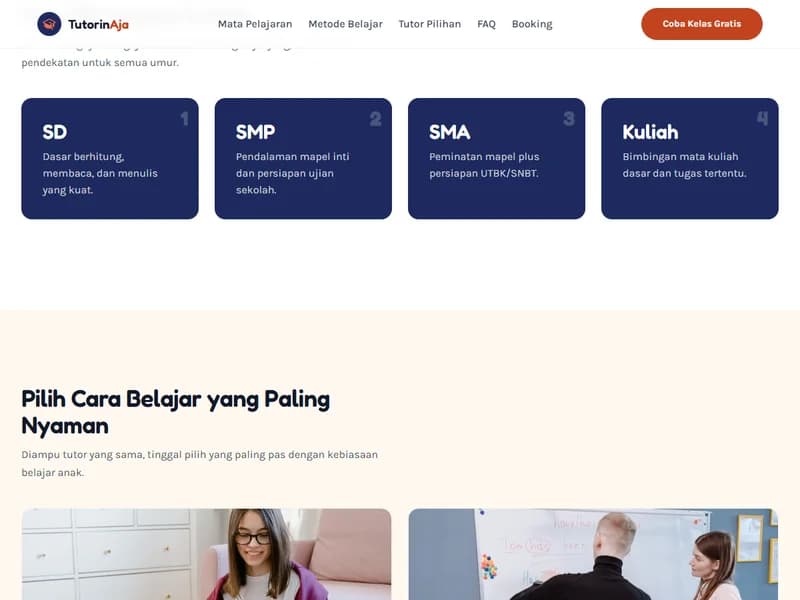 Demo website bimbel TutorinAja: empat kartu jenjang SD, SMP, SMA, dan kuliah, di atas bagian pilihan cara belajar.