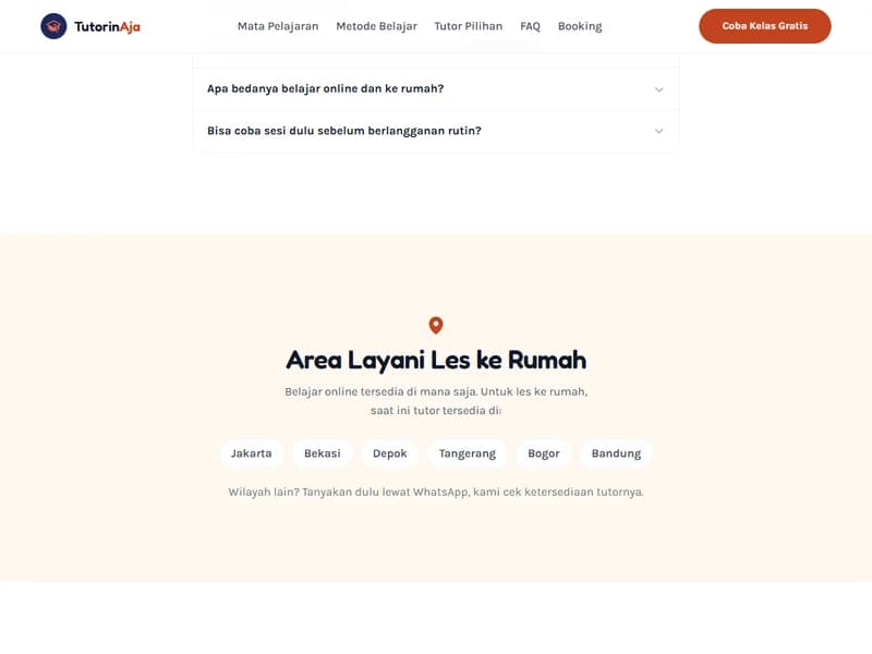 Bagian Area Layani Les ke Rumah di demo website TutorinAja: keterangan bahwa belajar online tersedia di mana saja, enam nama kota dari Jakarta sampai Bandung, dan ajakan menanyakan wilayah lain lewat WhatsApp.