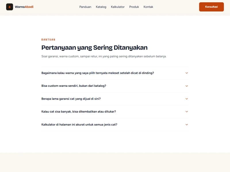 Bagian Pertanyaan yang Sering Ditanyakan di demo website toko cat Warna Abadi, berisi lima pertanyaan soal warna yang meleset setelah dicat, warna custom, lama garansi, penukaran cat sisa, dan akurasi kalkulator.