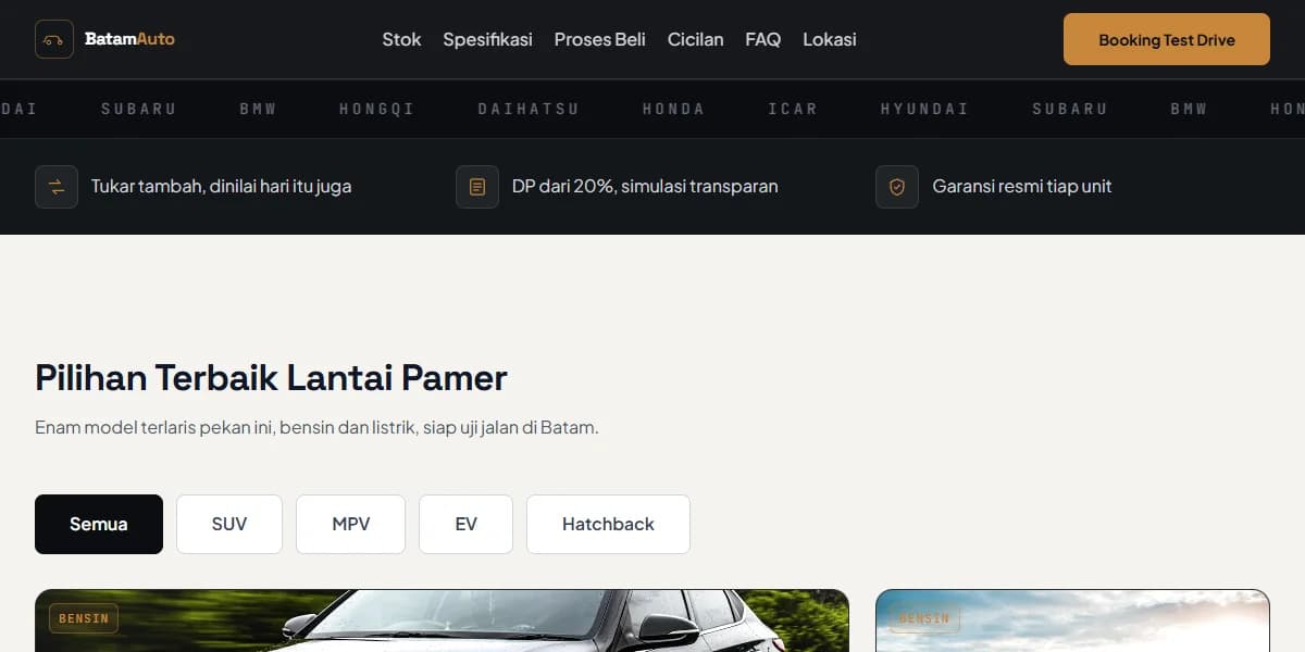 Tampilan demo website Batam: Batam Auto Gallery