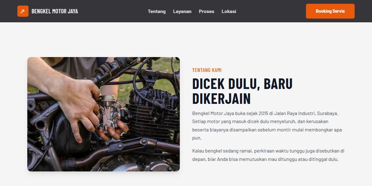 Tampilan demo website bengkel: Bengkel Motor Jaya