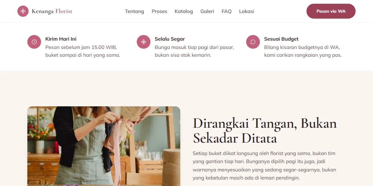 Tampilan demo website florist: Kenanga Florist