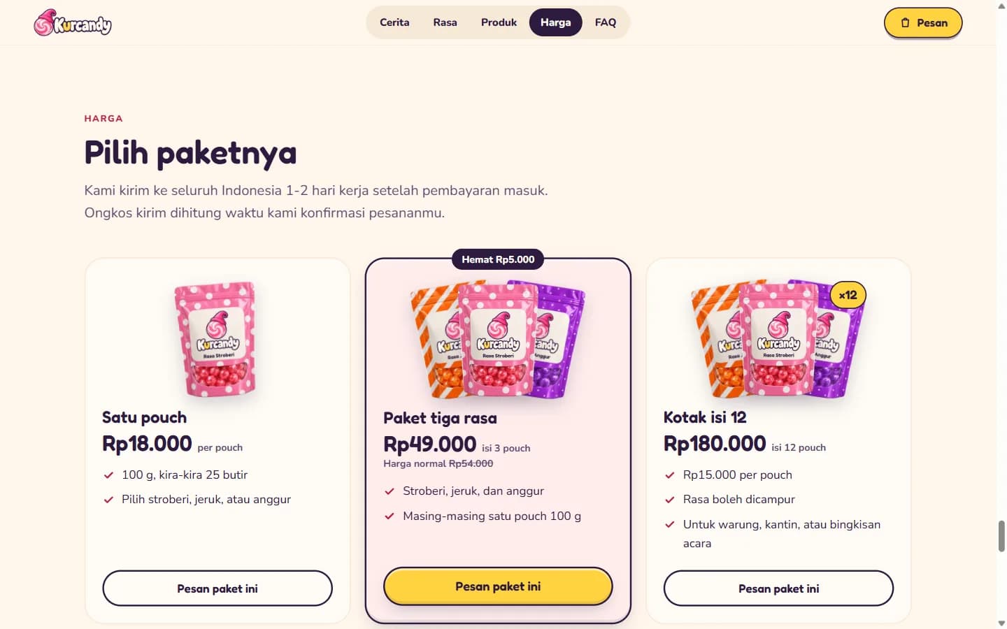 Bagian harga di demo website Kurcandy berjudul Pilih paketnya: tiga kartu untuk satu pouch, paket tiga rasa, dan kotak isi 12, masing-masing dengan harga, isi, dan tombol Pesan paket ini.